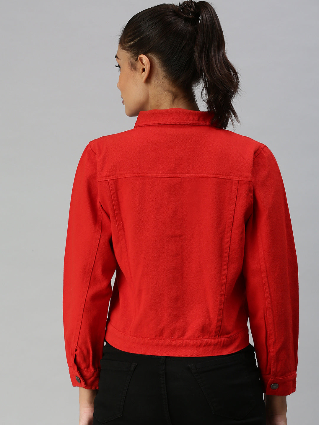 Women's Red Solid Denim Jacket Jackets