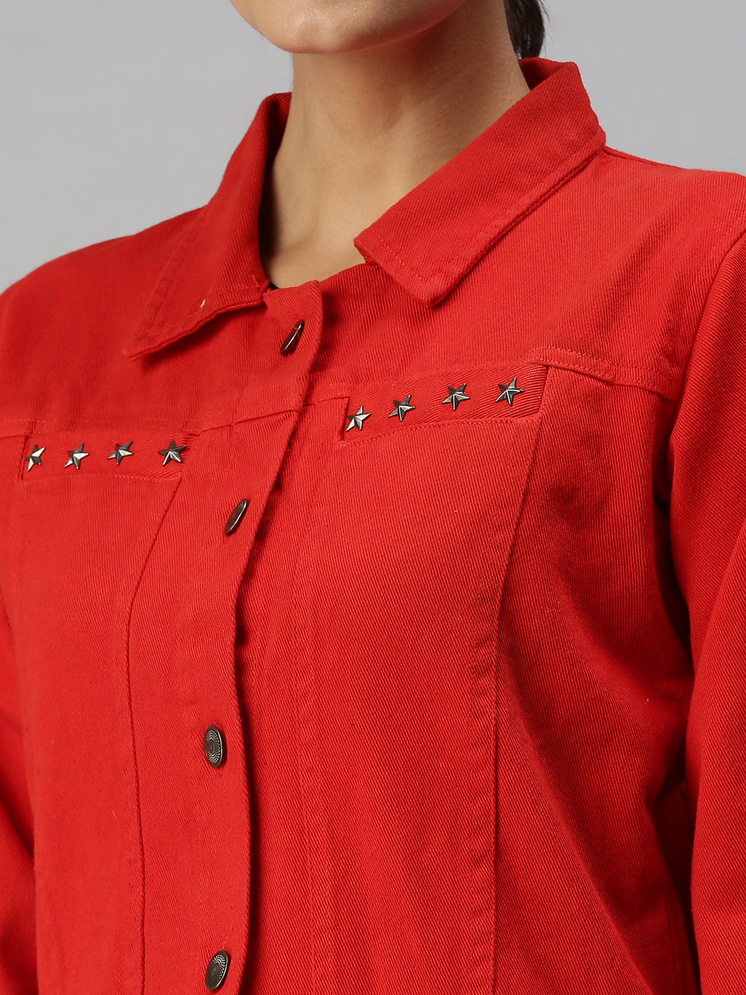 Women's Red Solid Denim Jacket Jackets