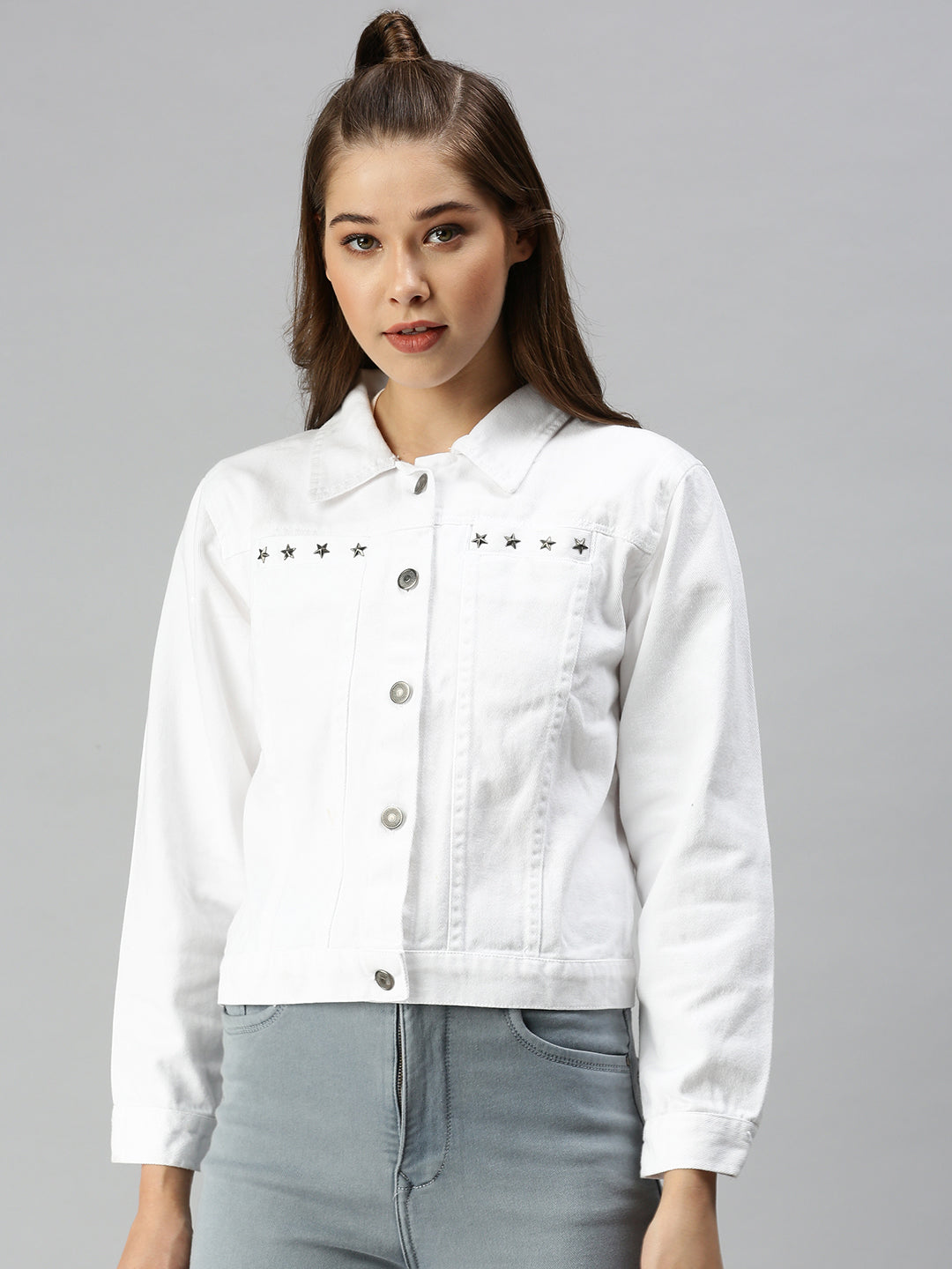 Women's White Solid Denim Jacket Jackets
