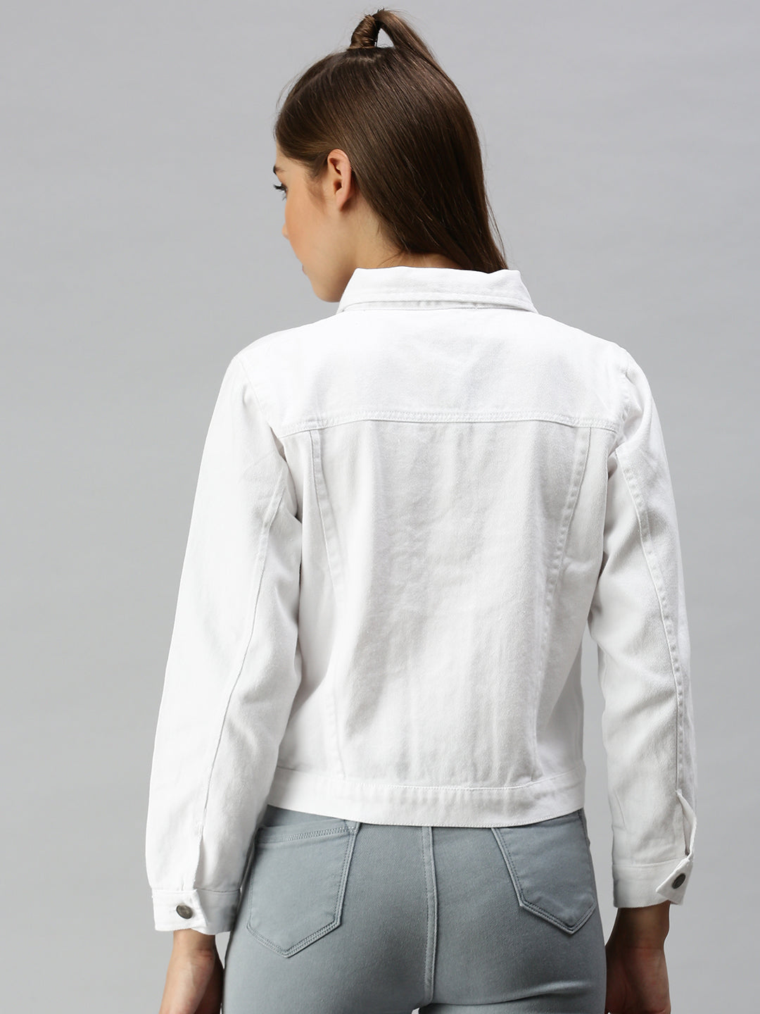 Women's White Solid Denim Jacket Jackets