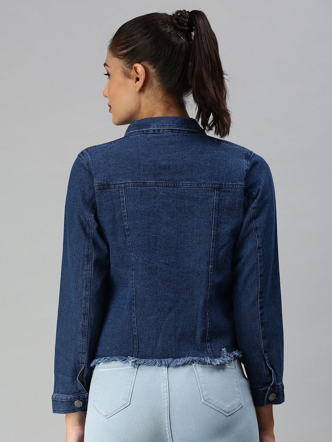 Women's Blue Solid Denim Jacket Jackets