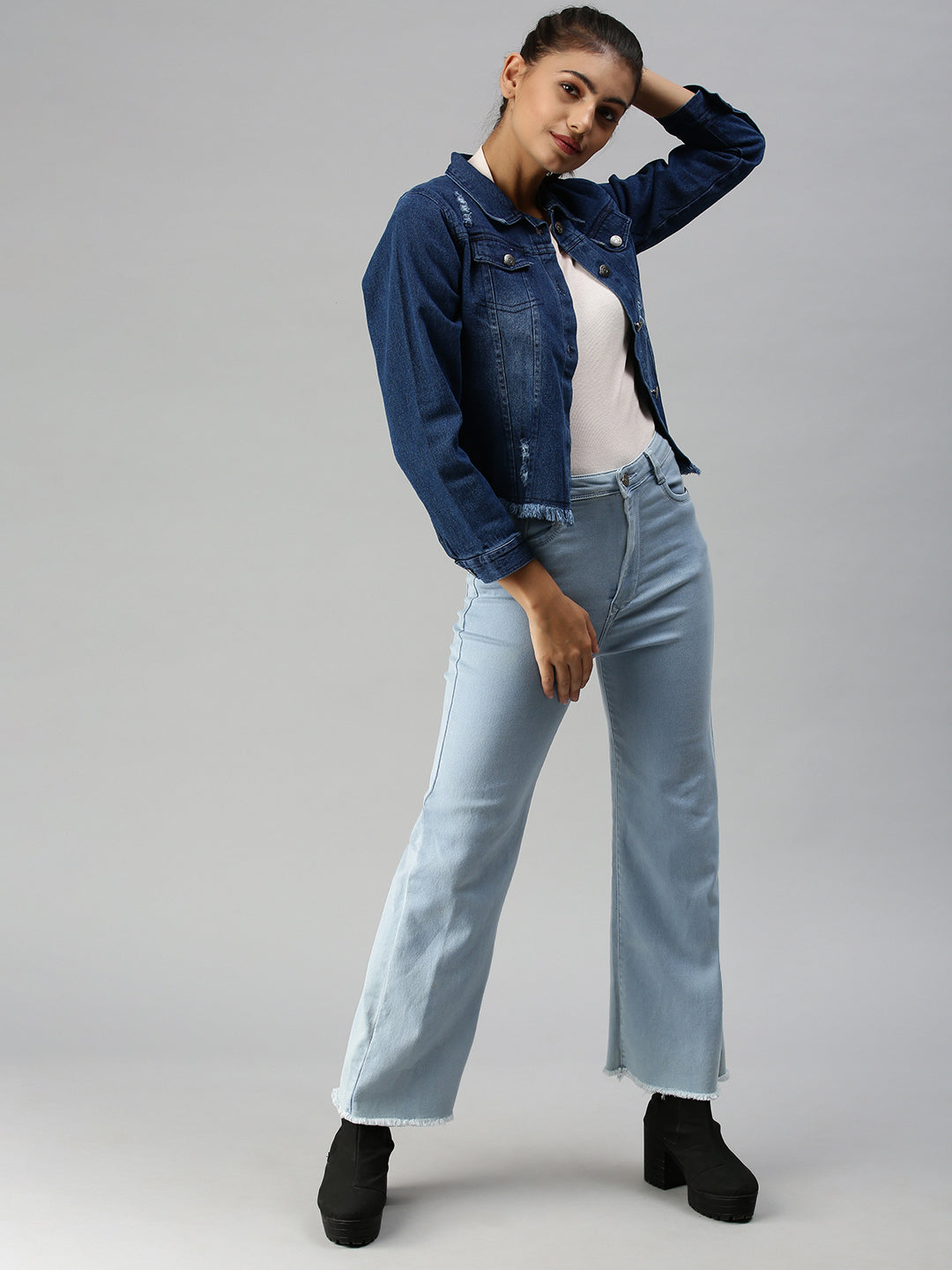 Women's Blue Solid Denim Jacket Jackets