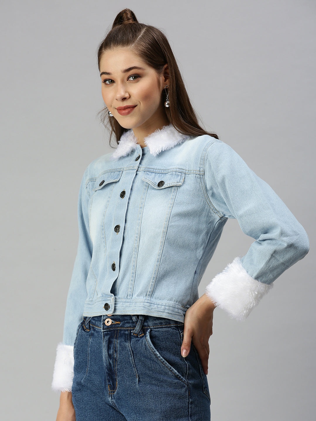 Women's Blue Solid Denim Jacket Jackets