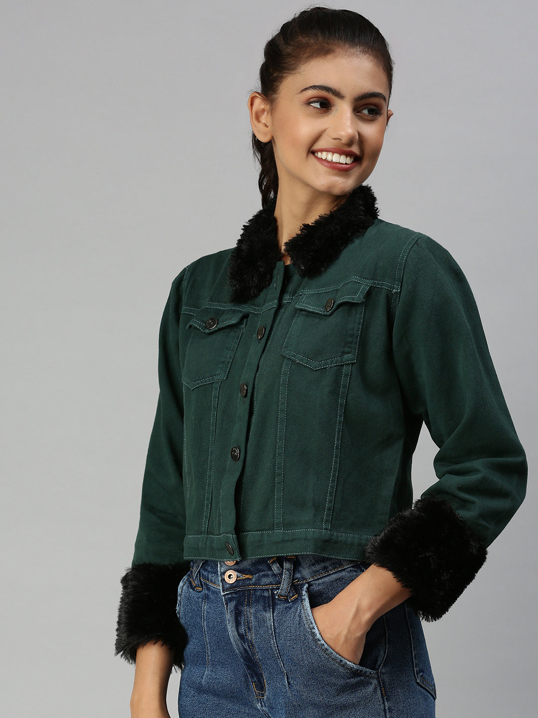 Women's Green Solid Denim Jacket Jackets