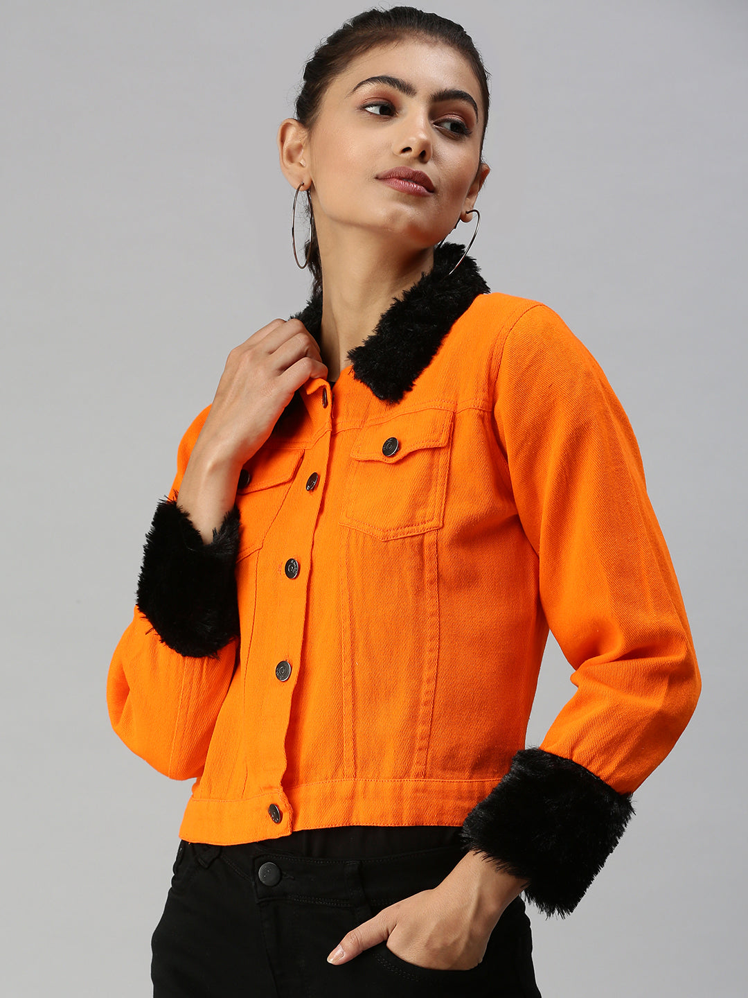 Women's Orange Solid Denim Jacket Jackets