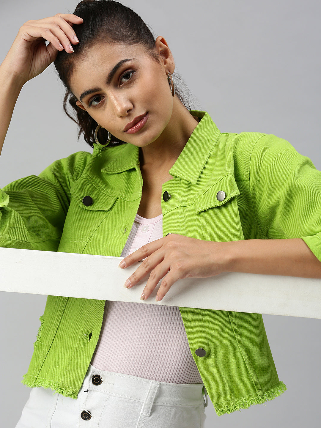 Women's Green Solid Denim Jacket Jackets