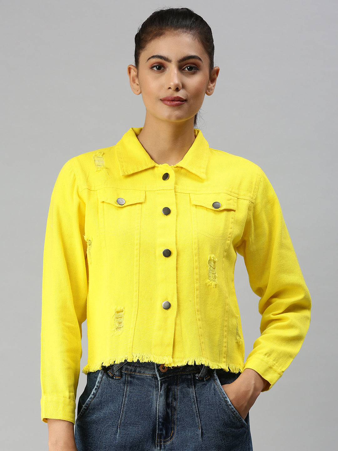 Women's Yellow Solid Denim Jacket Jackets