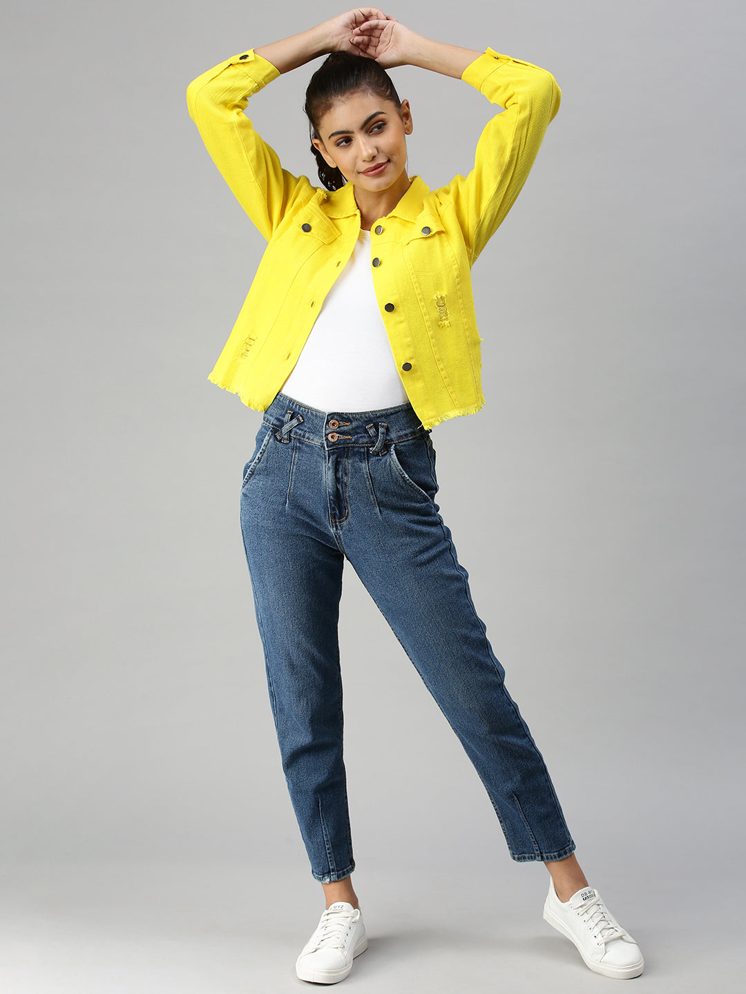 Women's Yellow Solid Denim Jacket Jackets