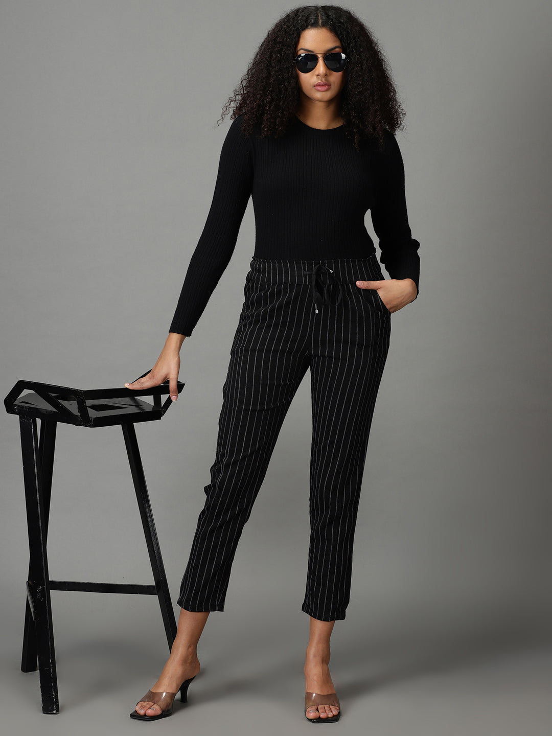 Women's Black Striped Track Pant