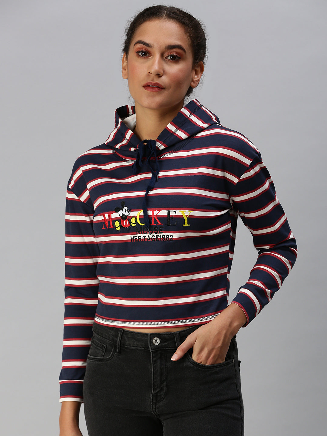Women's Blue Striped Crop Pullover Sweatshirt
