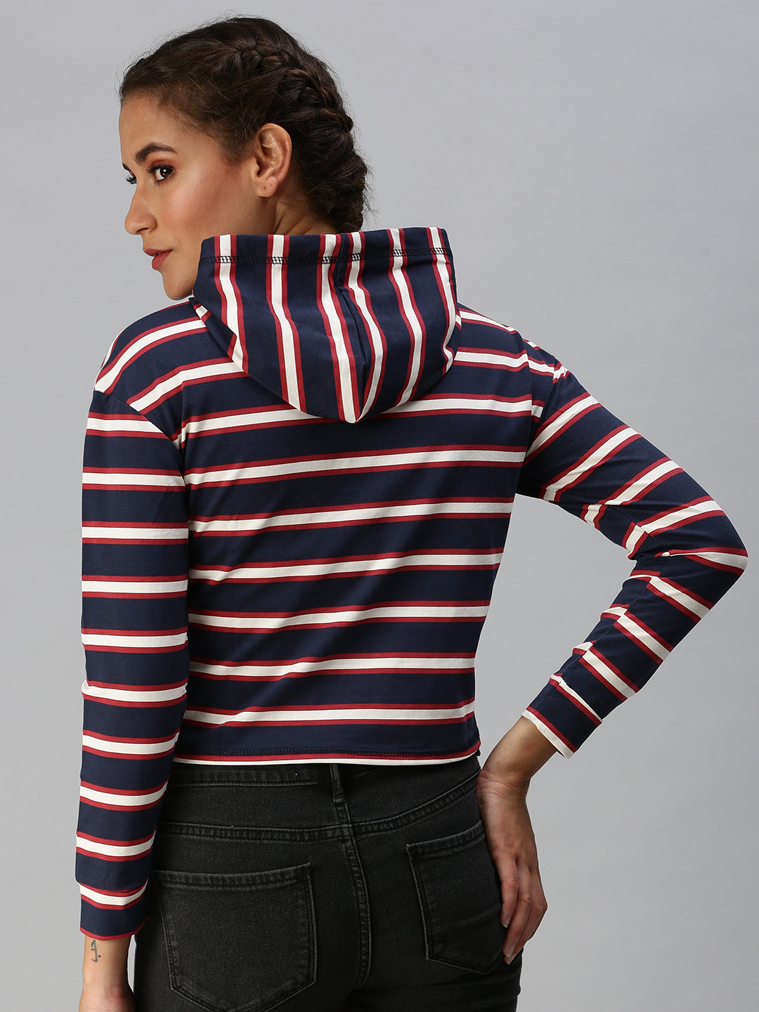 Women's Blue Striped Crop Pullover Sweatshirt
