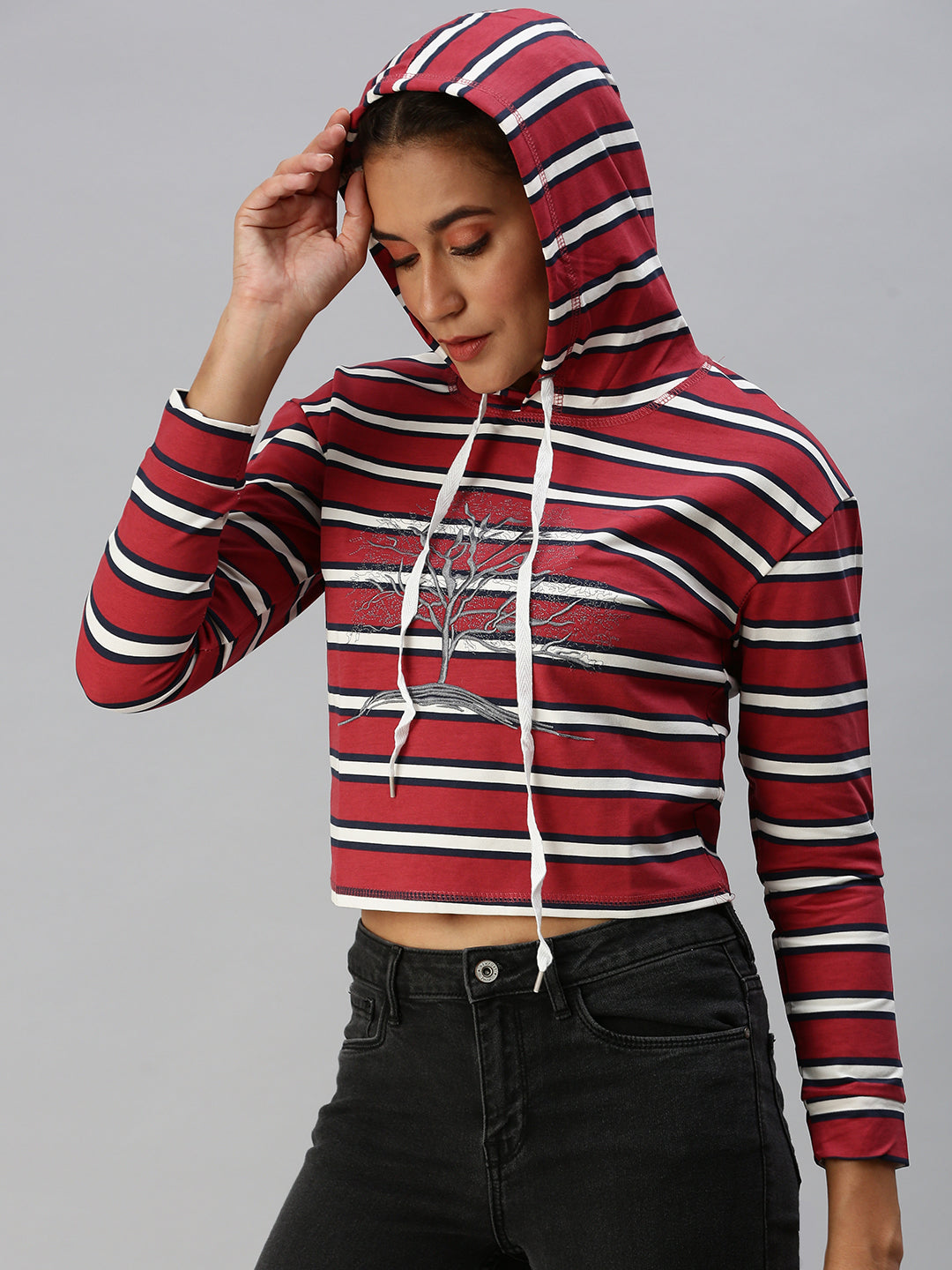 Women's Red Striped Crop Pullover Sweatshirt
