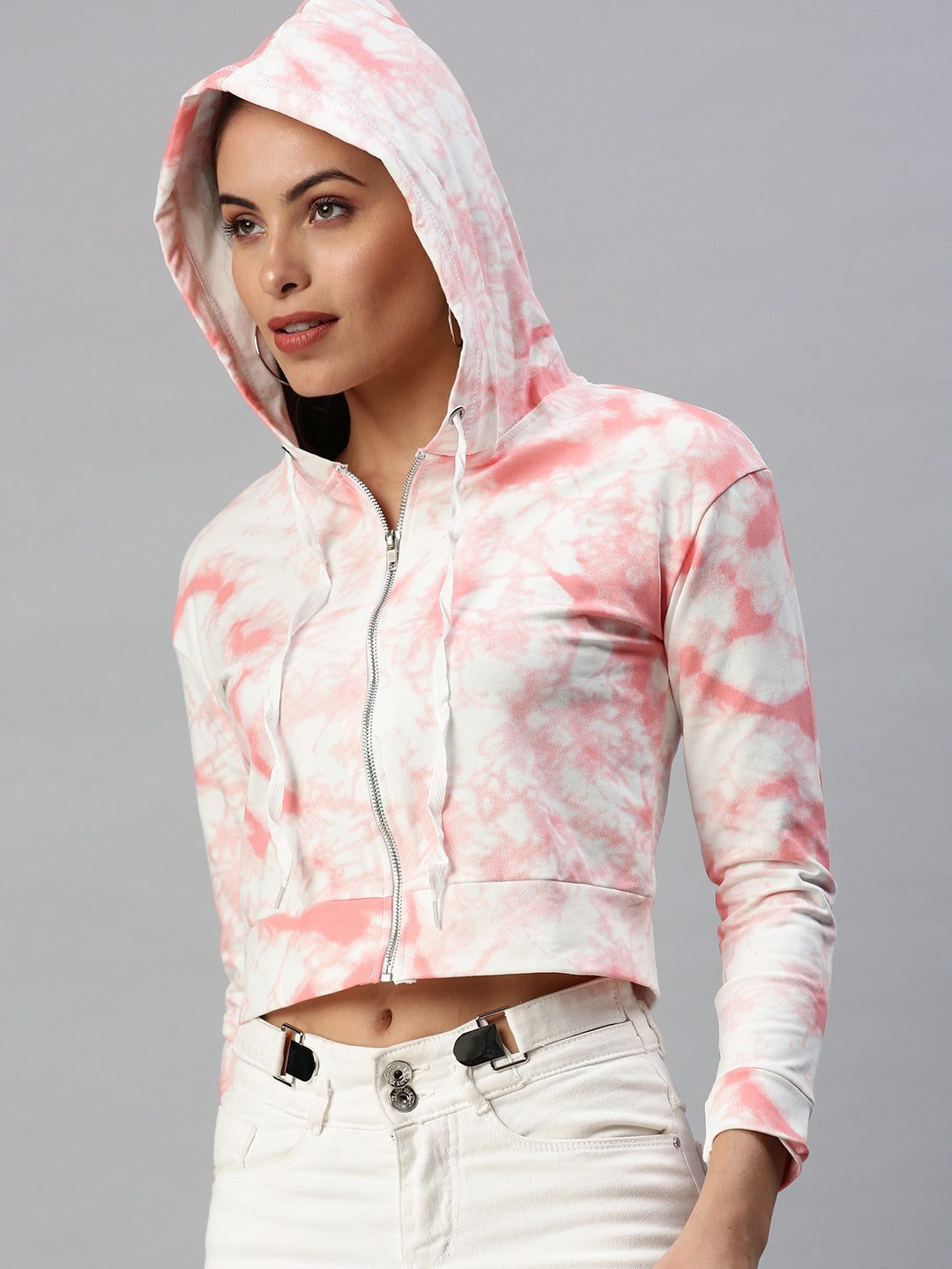 Women's White Solid Crop Front-Open Sweatshirt