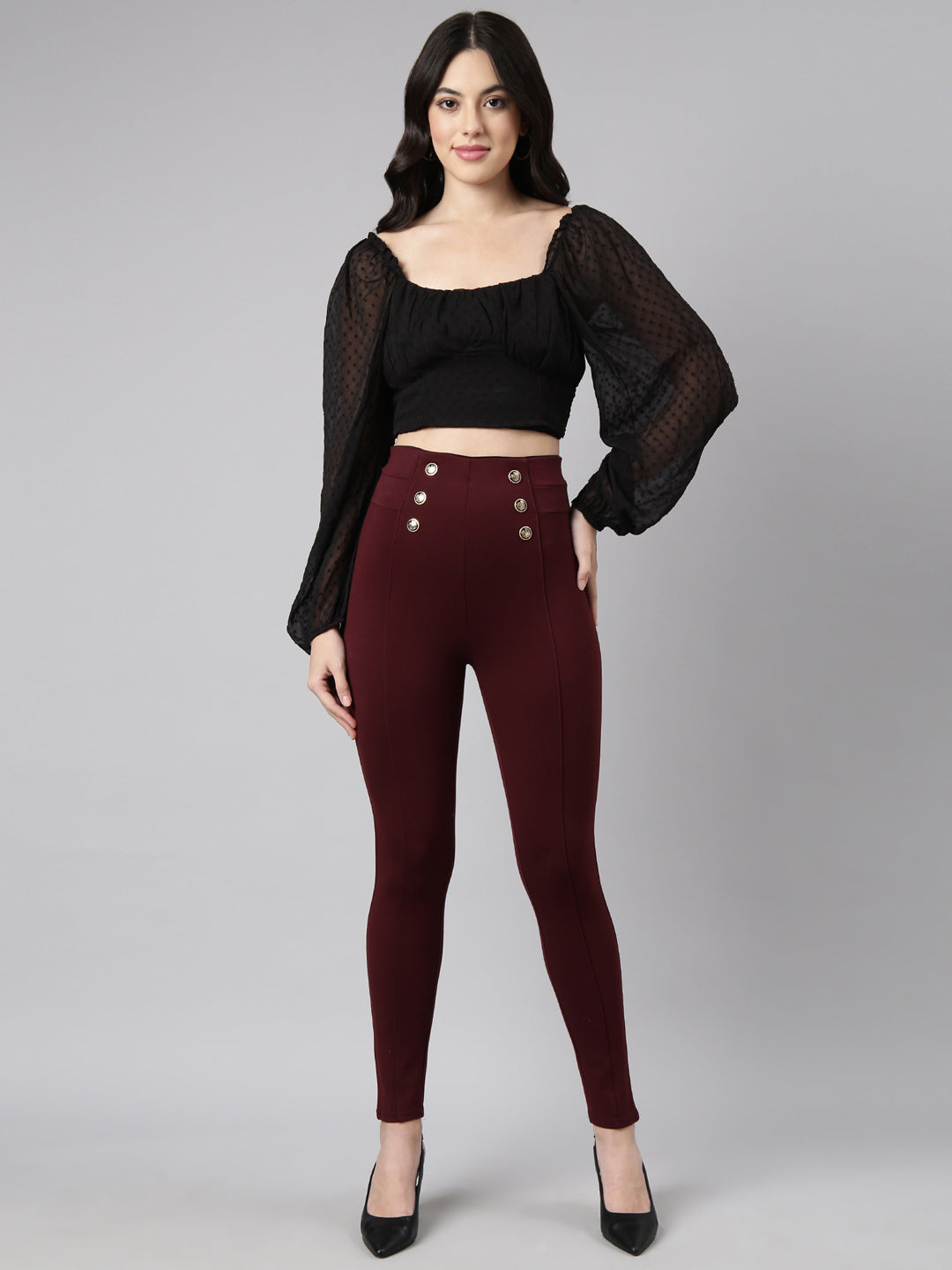 Women Solid Maroon Skinny Fit Jeggings