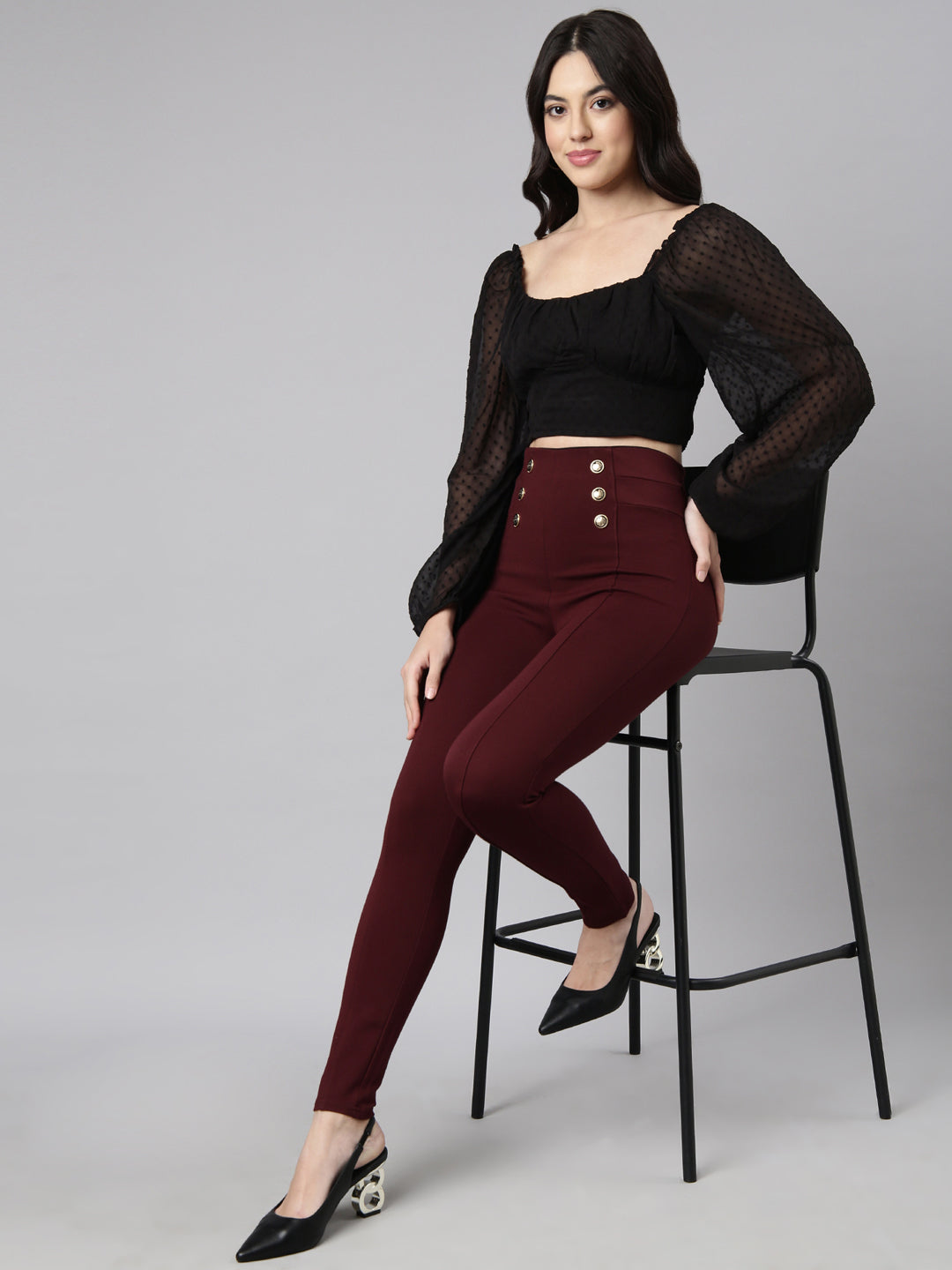 Women Solid Maroon Skinny Fit Jeggings