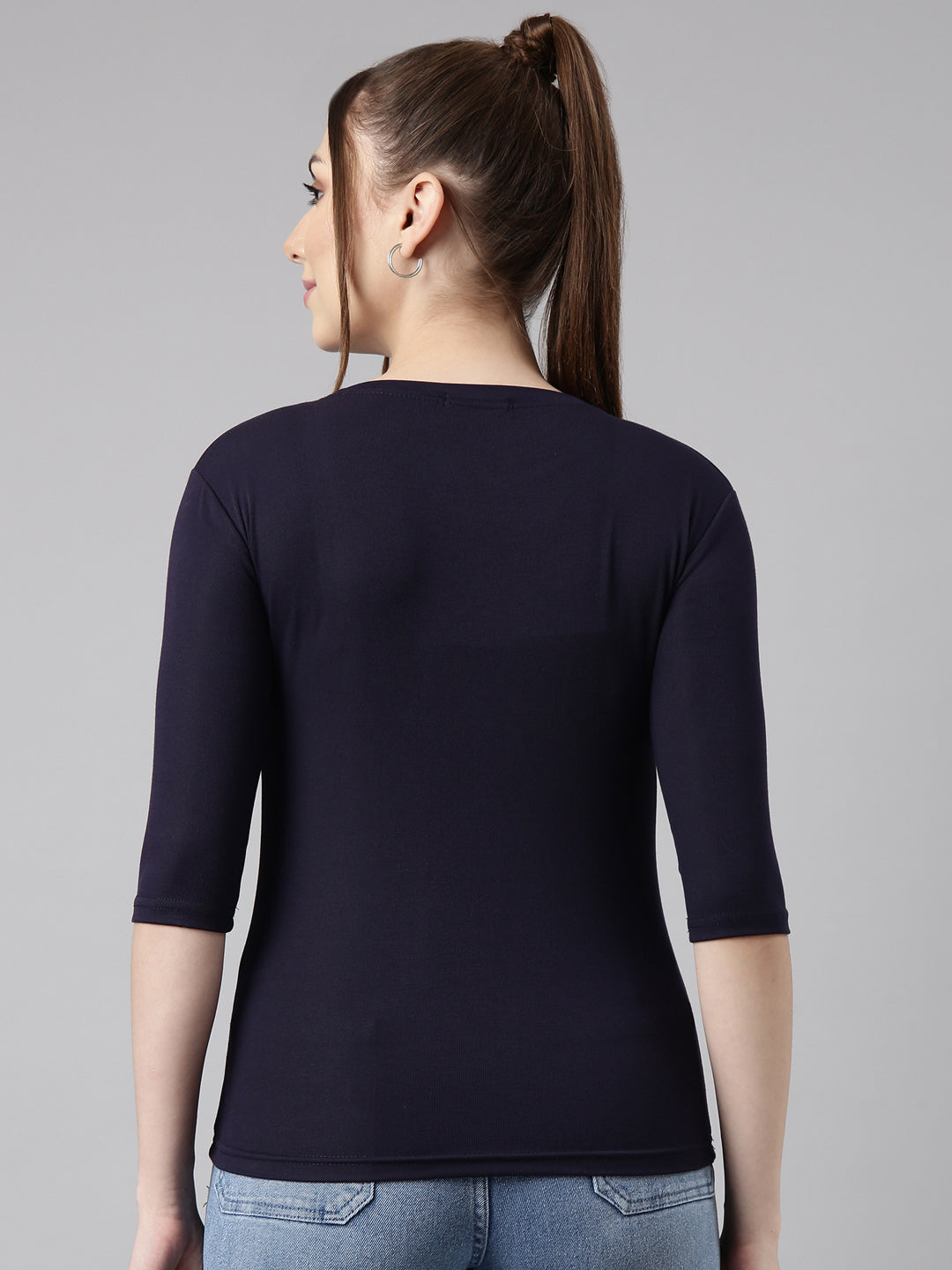Women Navy Blue Solid Fitted Top
