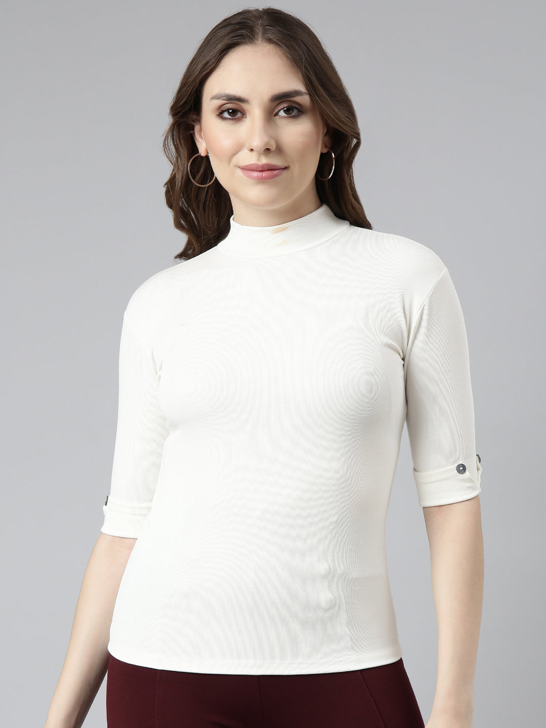Women Off White Solid Top