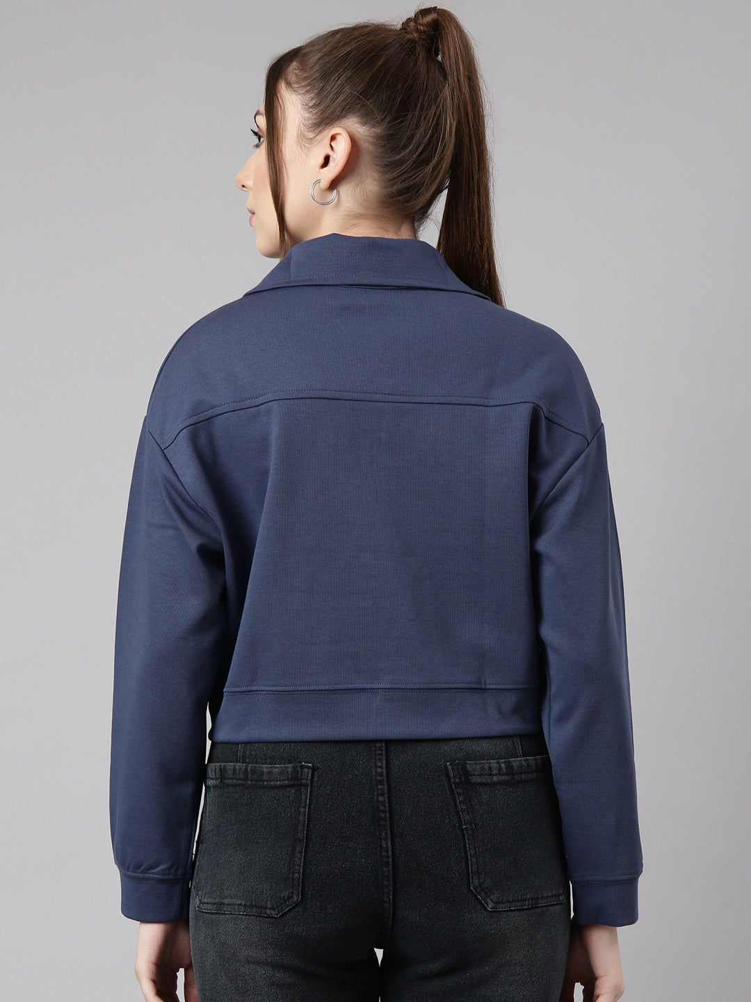 Women Blue Solid Front-Open Oversized Crop Sweatshirt