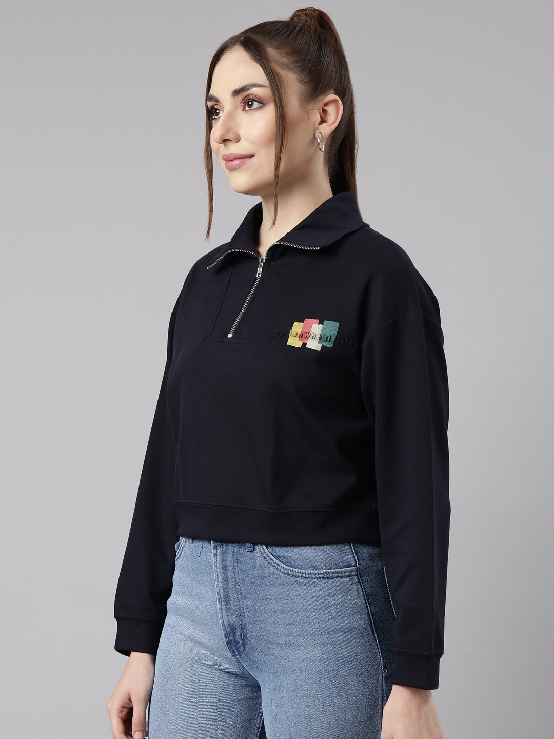 Women Navy Blue Solid Front-Open Oversized Crop Sweatshirt