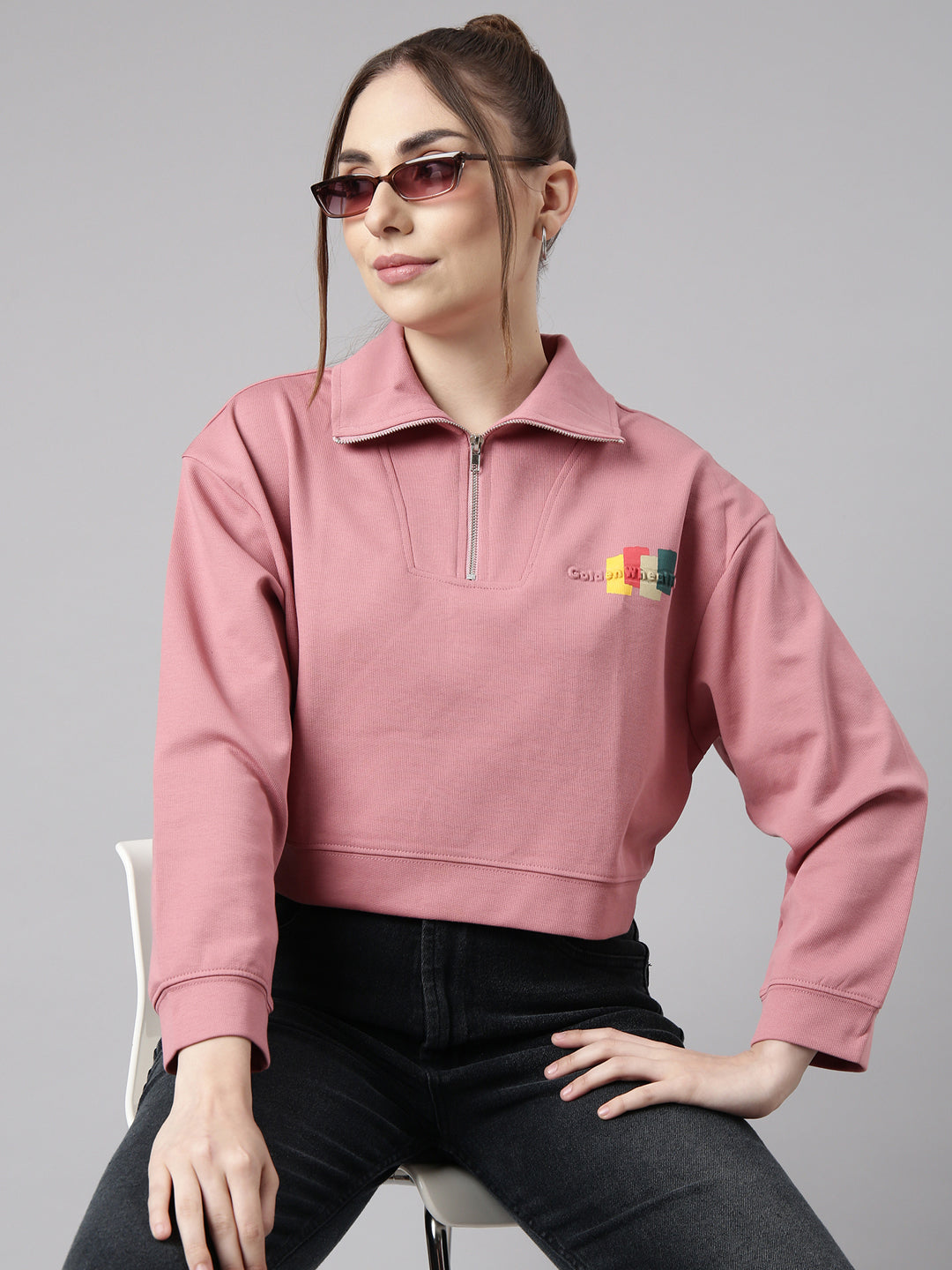 Women Peach Solid Front-Open Oversized Crop Sweatshirt