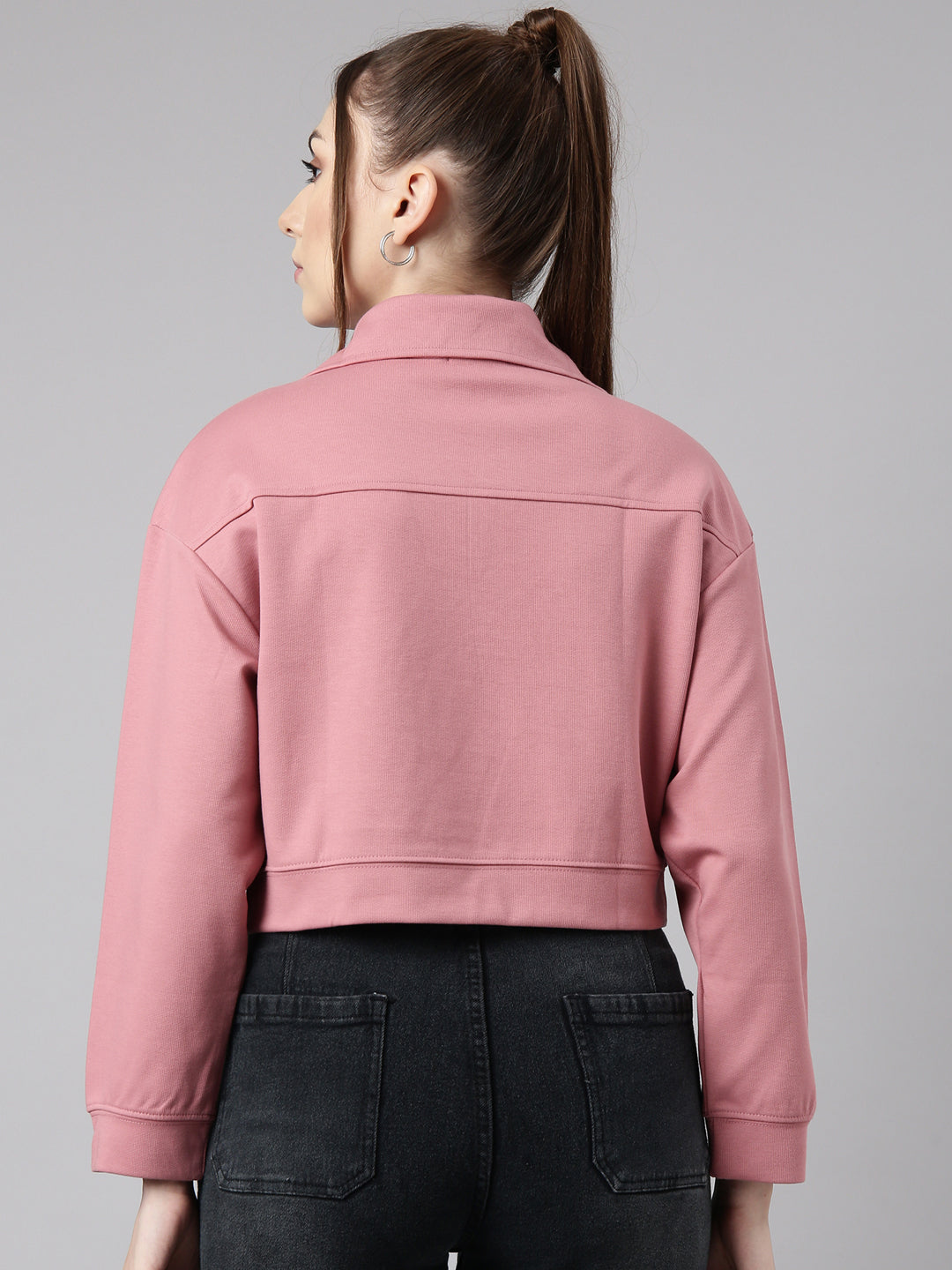 Women Peach Solid Front-Open Oversized Crop Sweatshirt