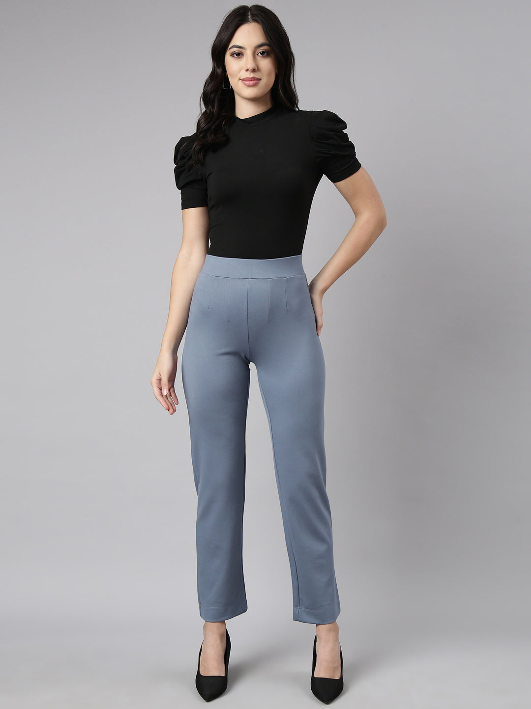 Women Self Design Blue Regular Trousers