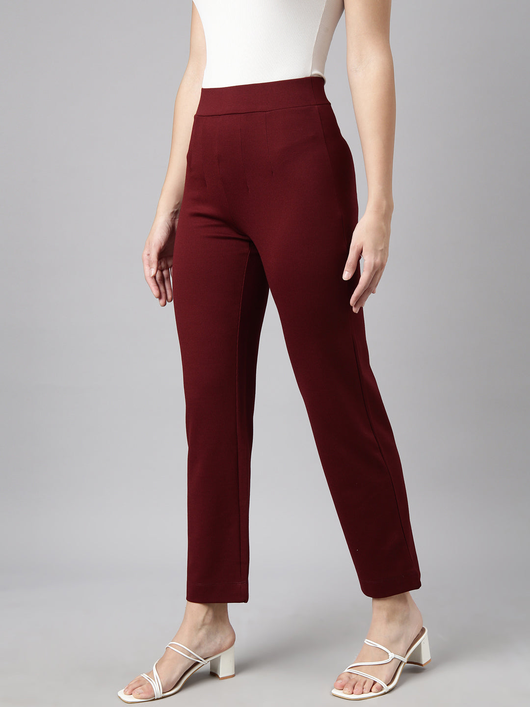 Women Self Design Maroon Regular Trousers