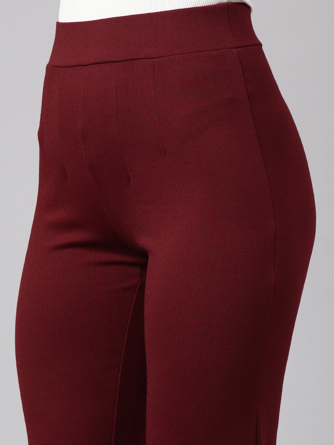 Women Self Design Maroon Regular Trousers