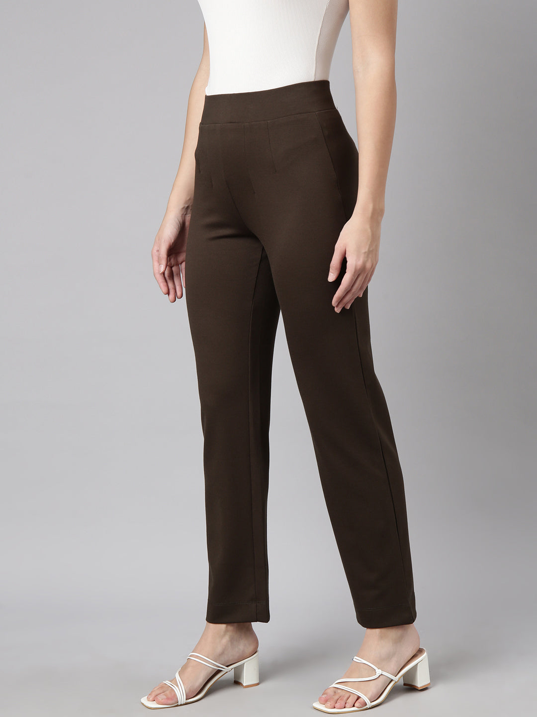 Women Self Design Olive Regular Trousers