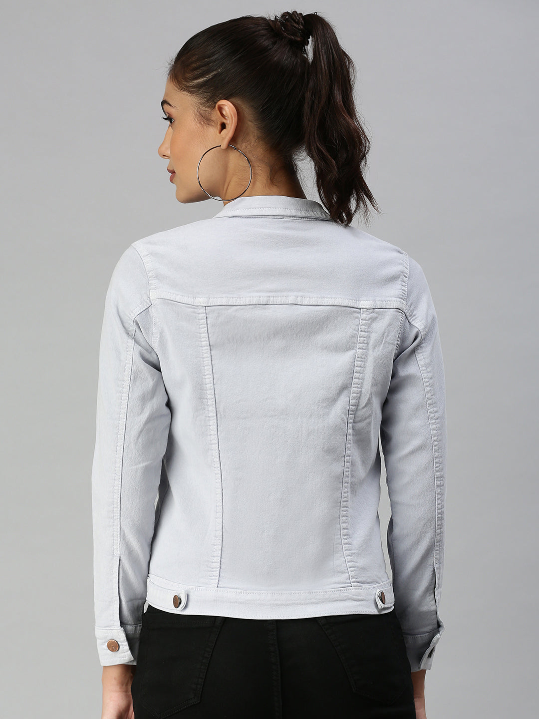 Women's Grey Solid Denim Jacket Jackets