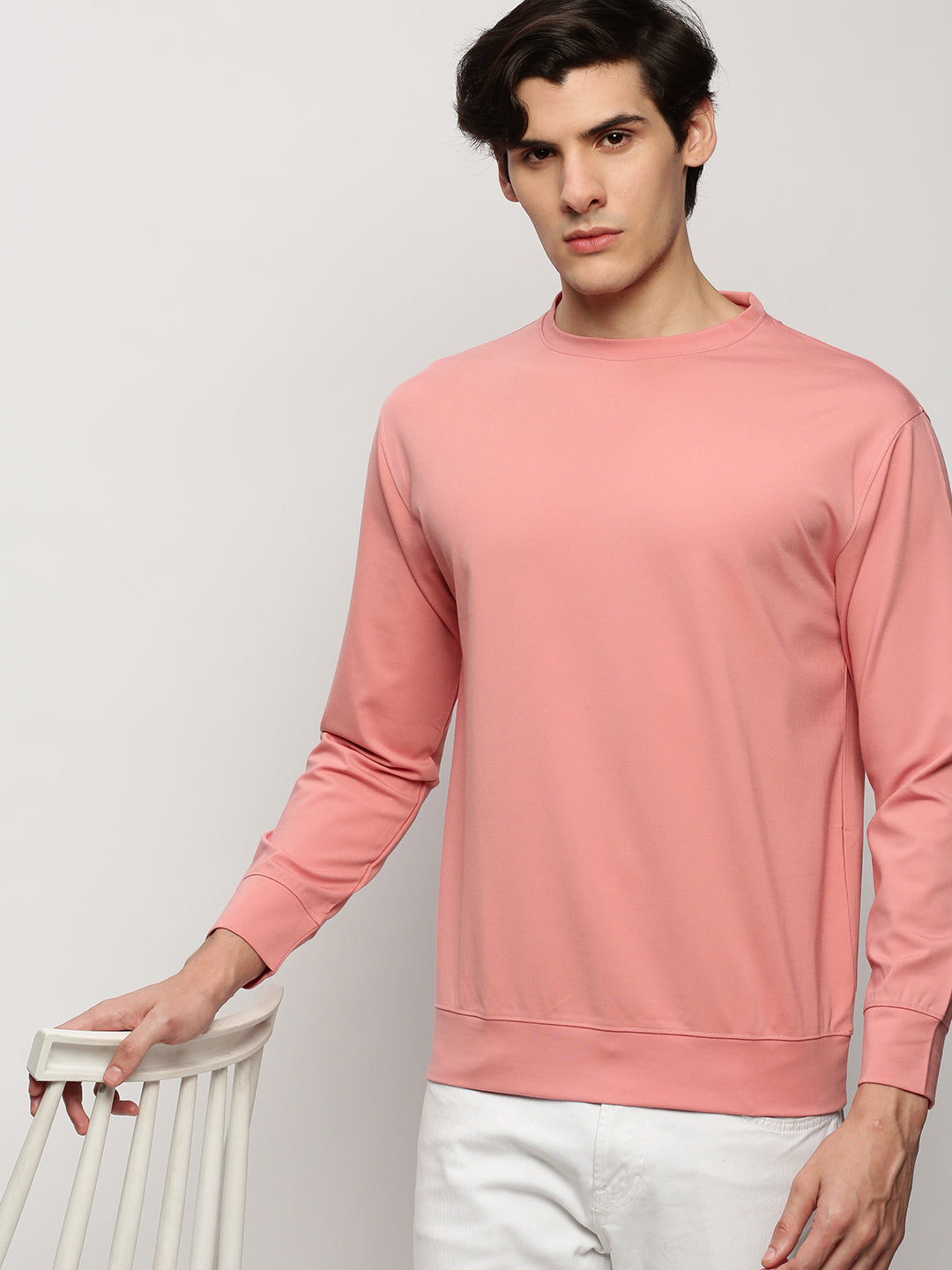 Men Peach Solid Casual Sweatshirts