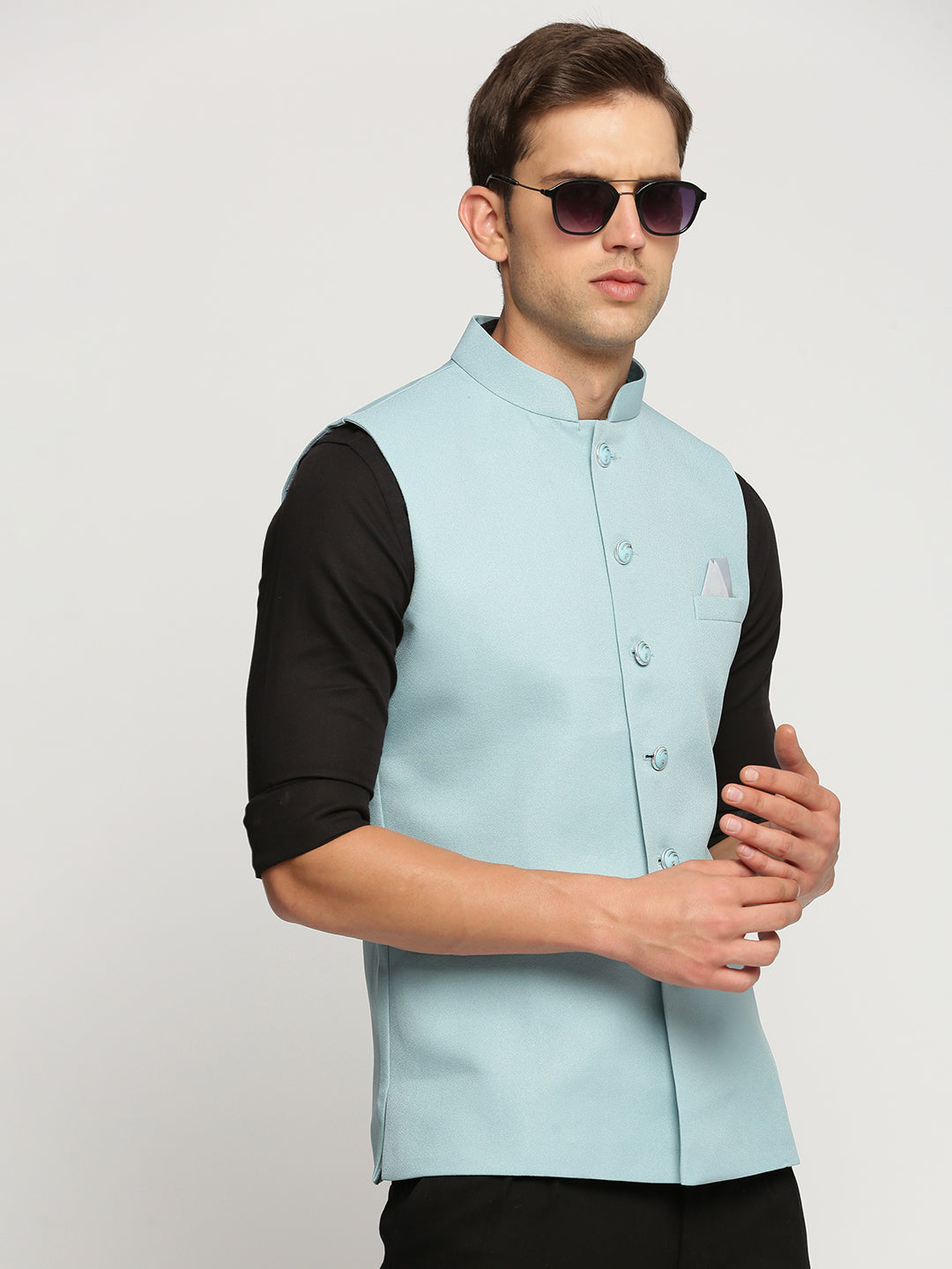 Men Blue Mandarin Collar Solid Nehru Jacket