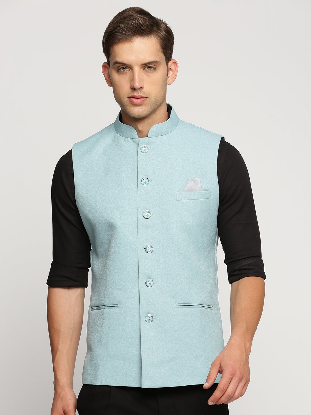 Men Blue Mandarin Collar Solid Nehru Jacket