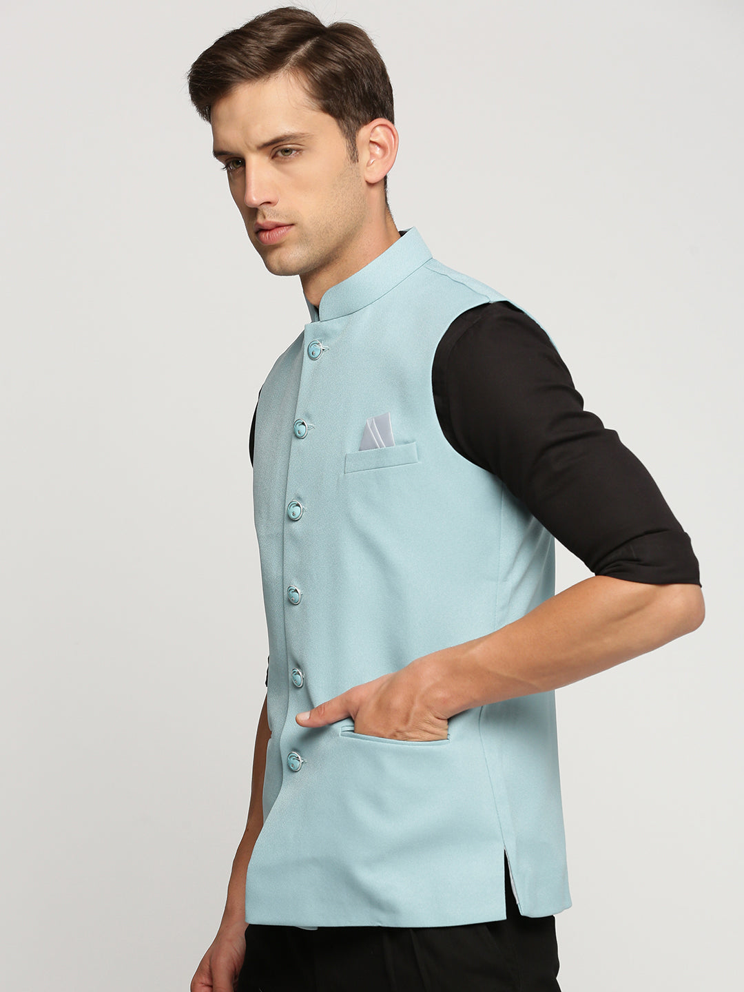 Men Blue Mandarin Collar Solid Nehru Jacket