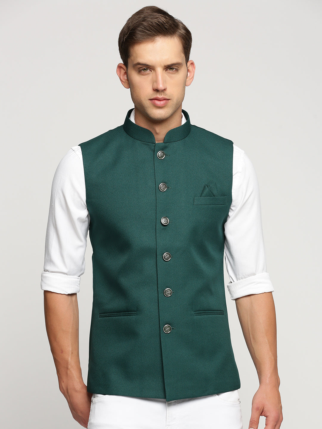Men Green Mandarin Collar Solid Nehru Jacket