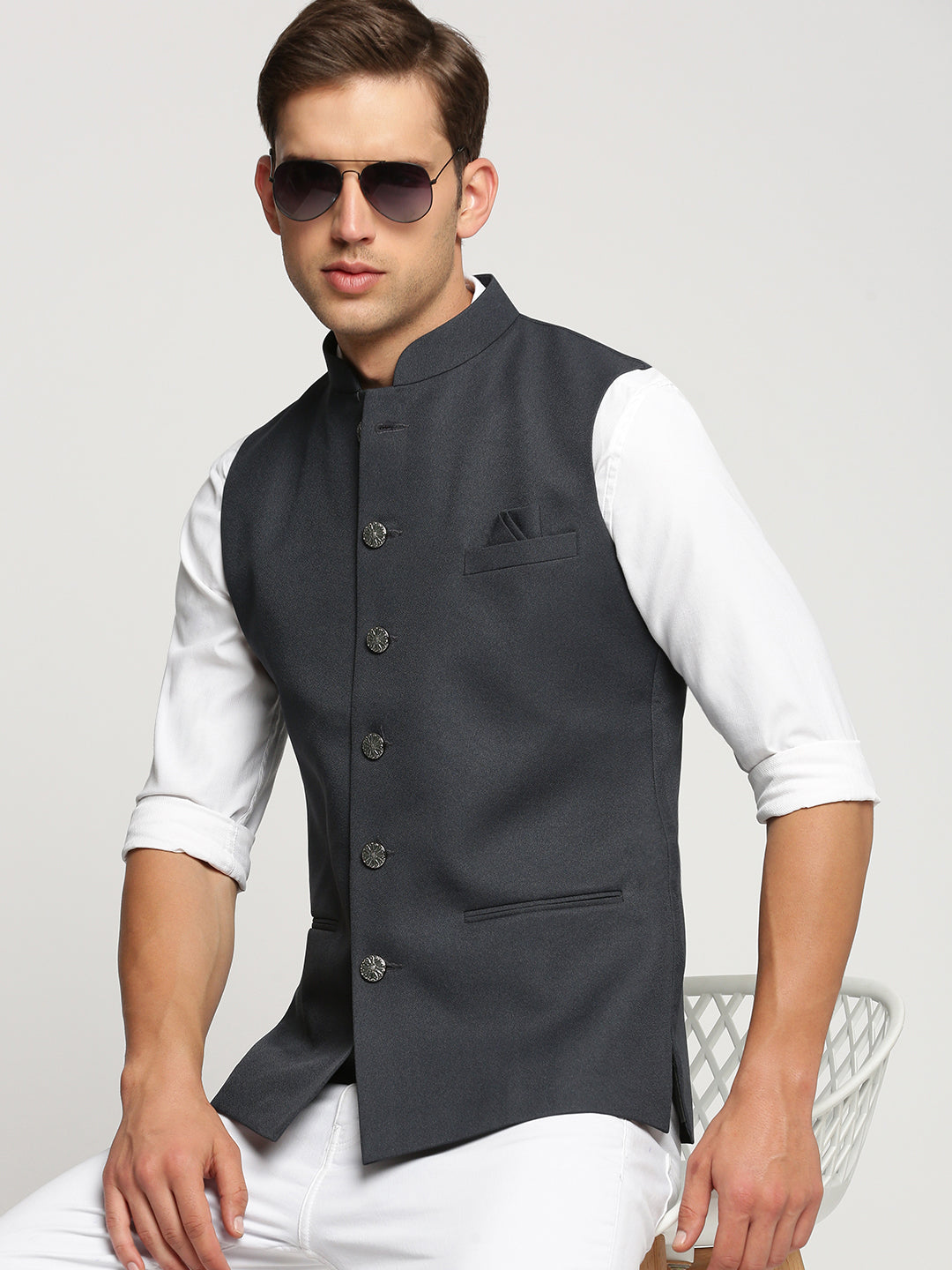 Men Charcoal Mandarin Collar Solid Nehru Jacket
