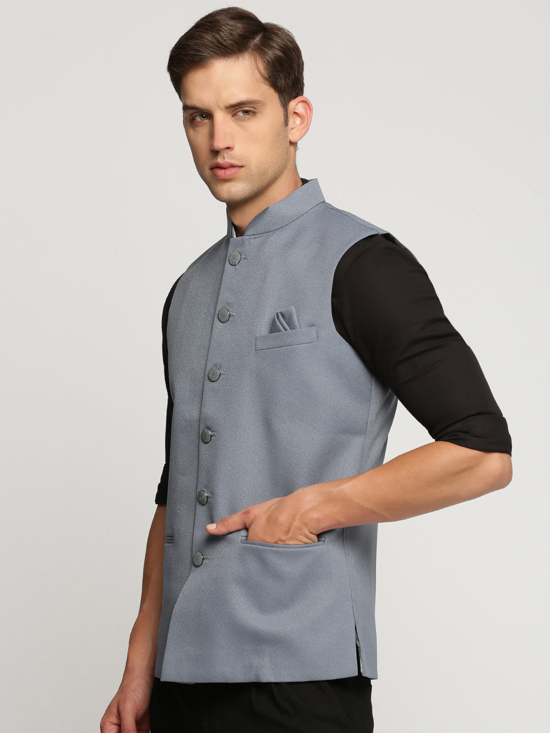 Men Grey Mandarin Collar Solid Nehru Jacket