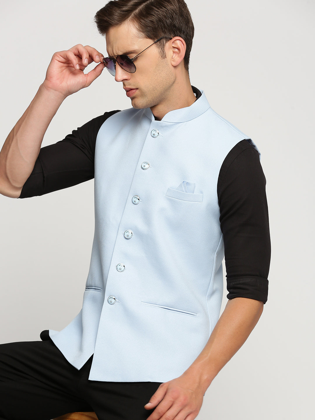 Men Turquoise Blue Mandarin Collar Solid Nehru Jacket
