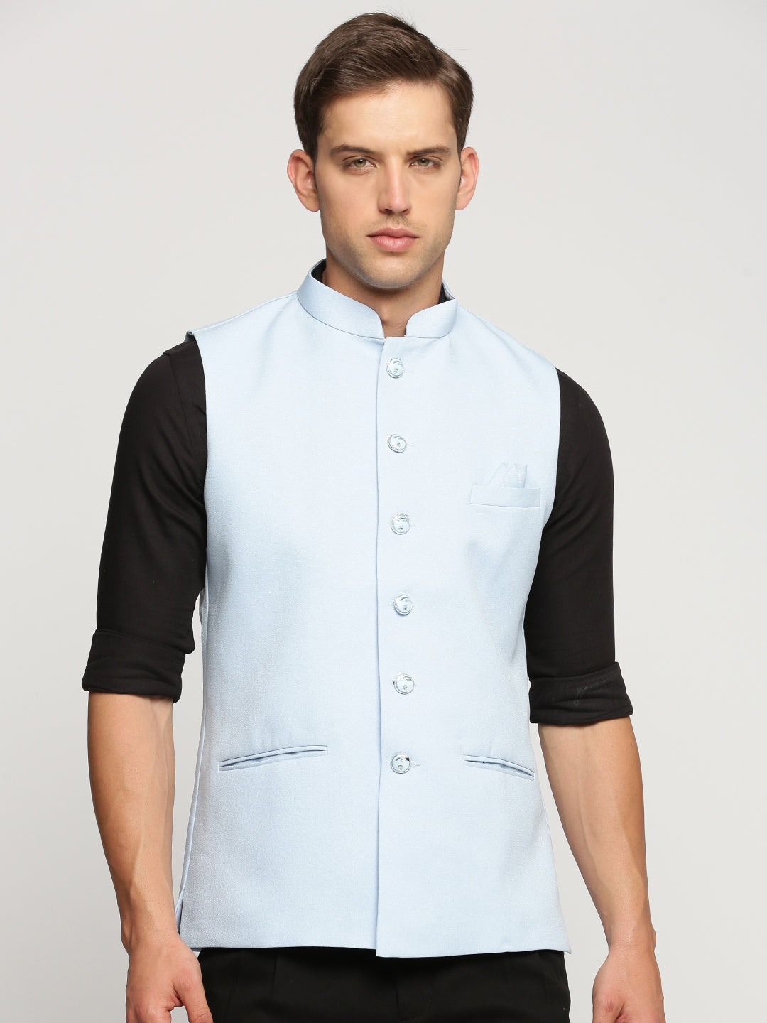 Men Turquoise Blue Mandarin Collar Solid Nehru Jacket