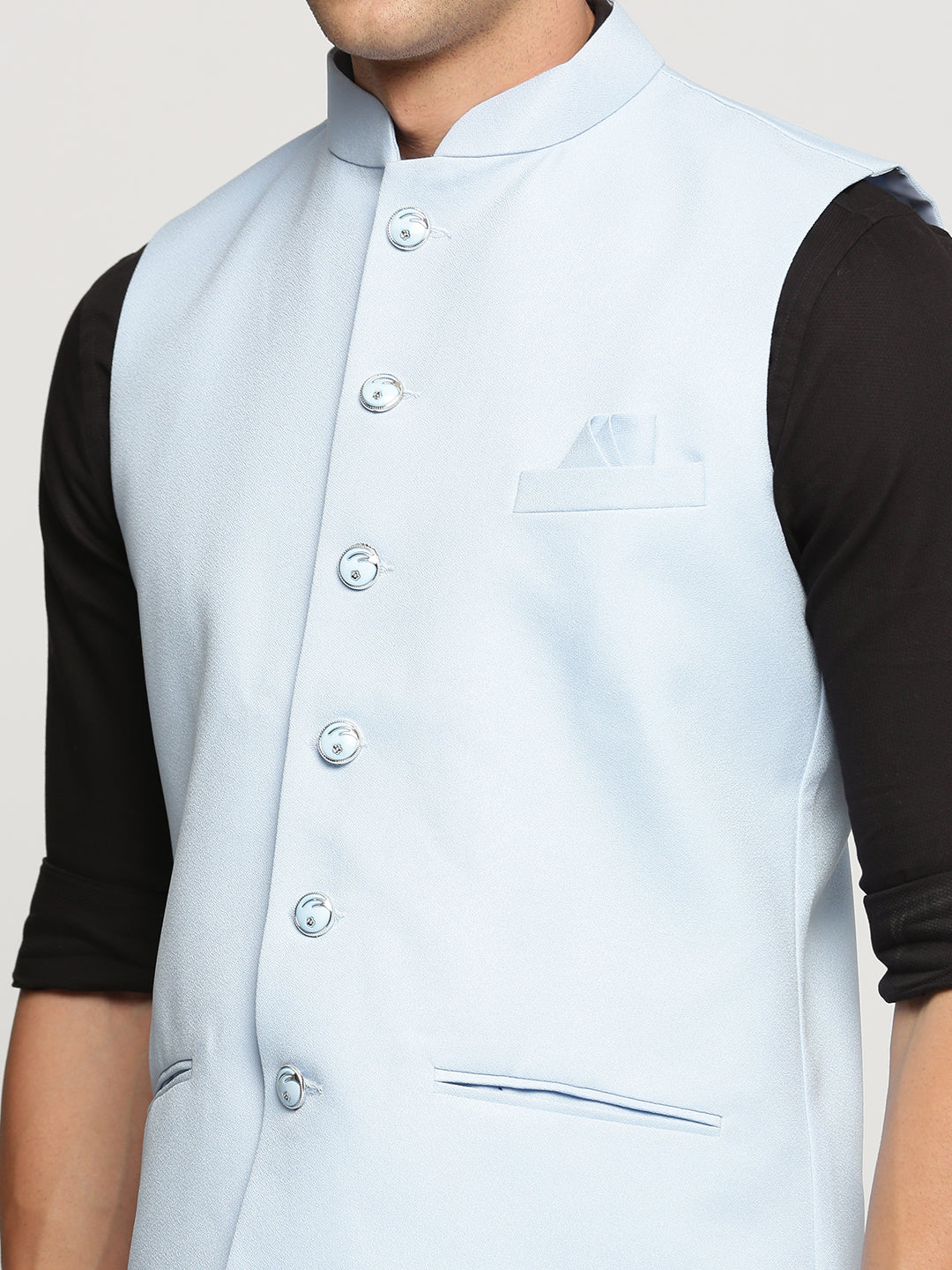 Men Turquoise Blue Mandarin Collar Solid Nehru Jacket