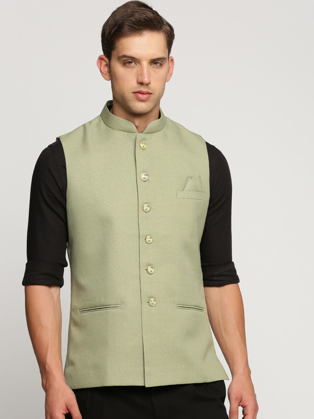 Men Olive Mandarin Collar Solid Nehru Jacket