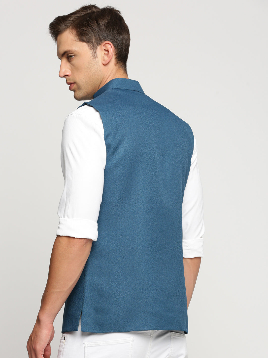 Men Teal Mandarin Collar Solid Nehru Jacket