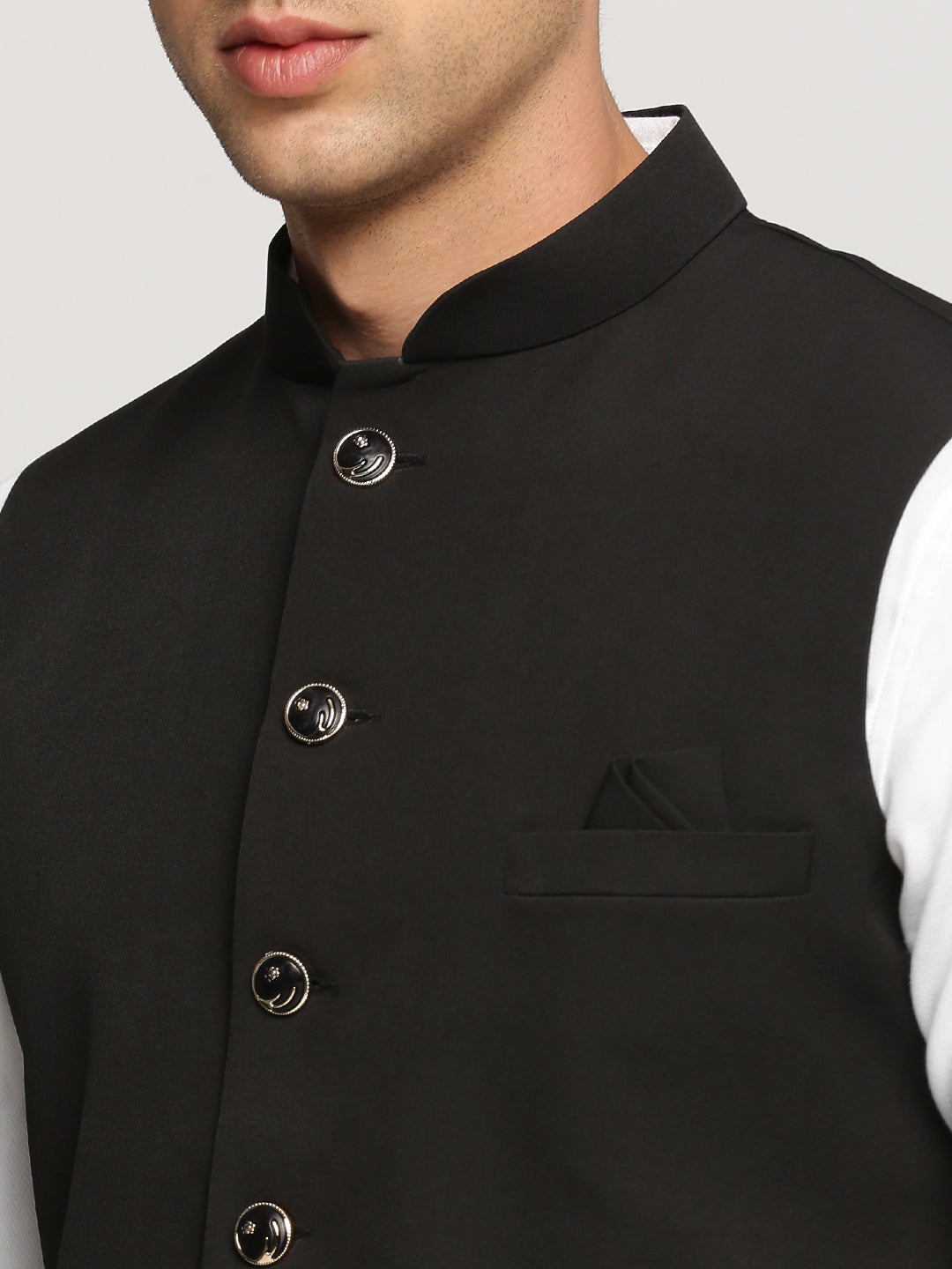 Men Black Mandarin Collar Solid Nehru Jacket