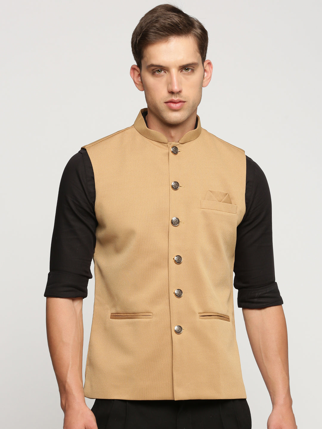 Men Brown Mandarin Collar Solid Nehru Jacket