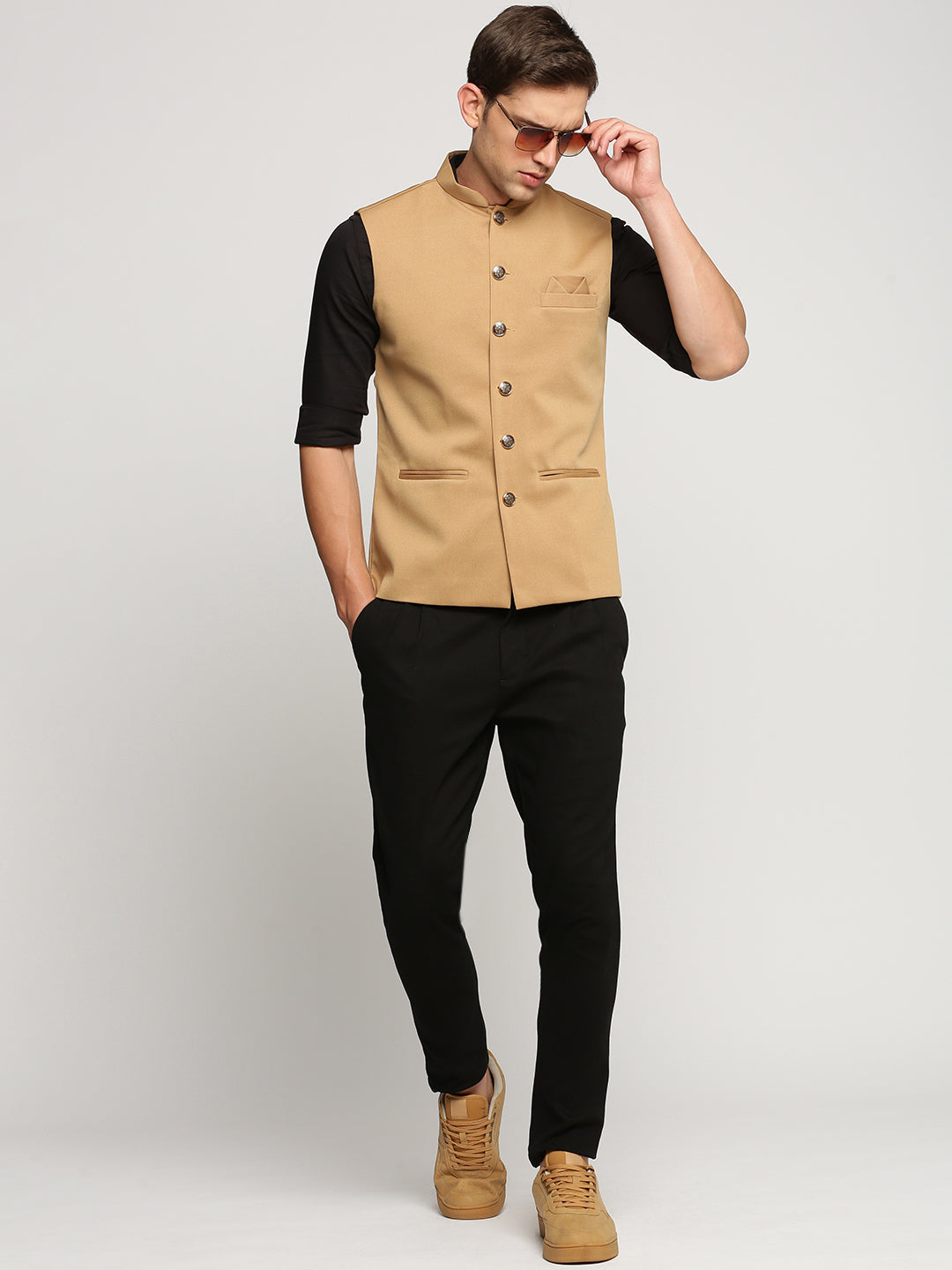 Men Brown Mandarin Collar Solid Nehru Jacket