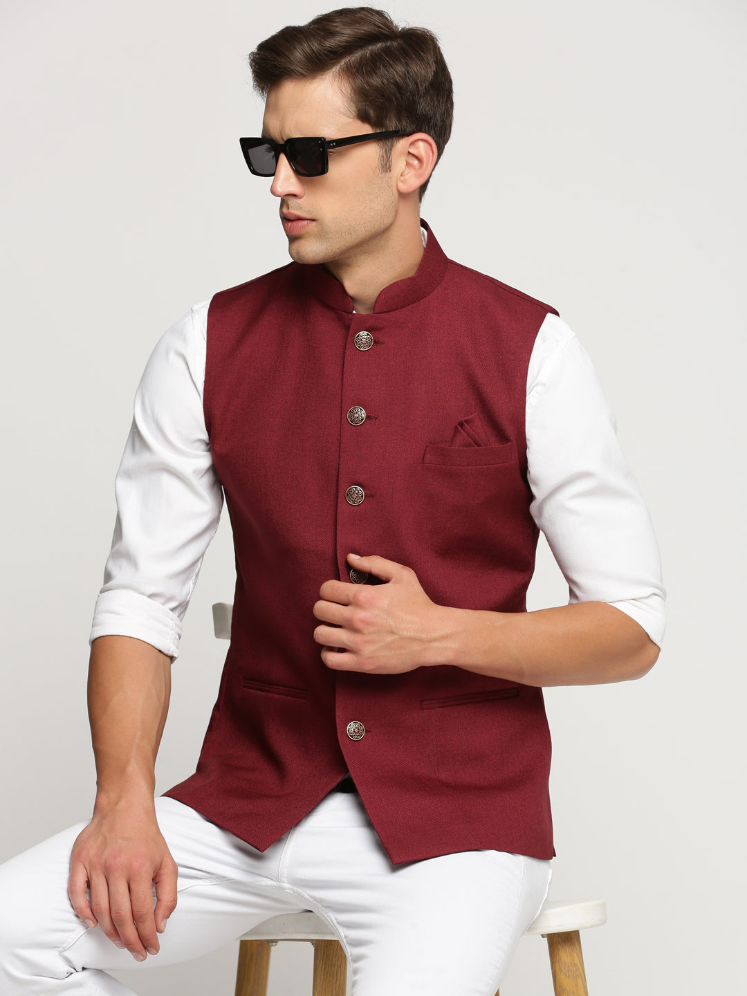 Men Maroon Mandarin Collar Solid Nehru Jacket