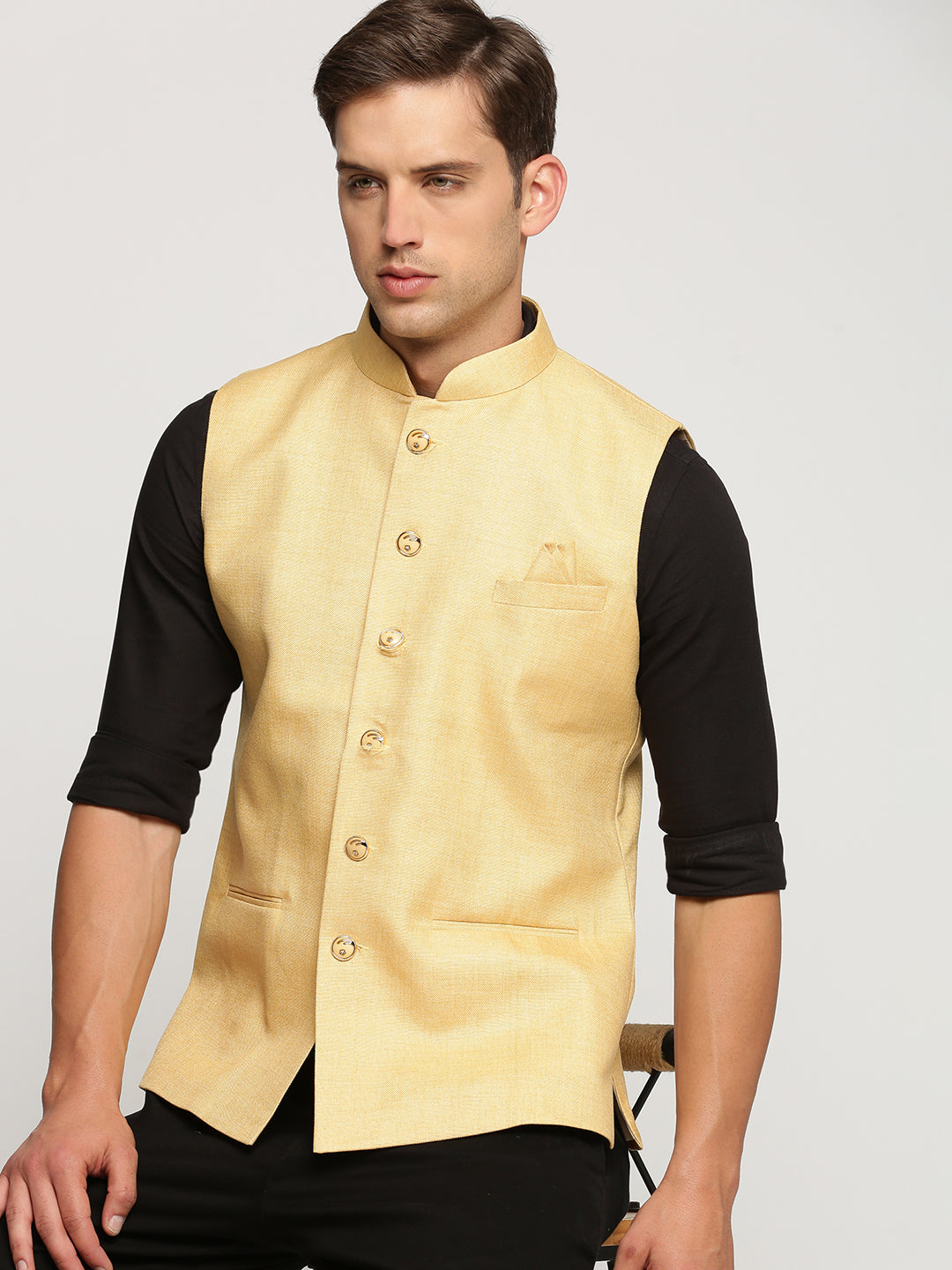 Men Yellow Mandarin Collar Solid Nehru Jacket