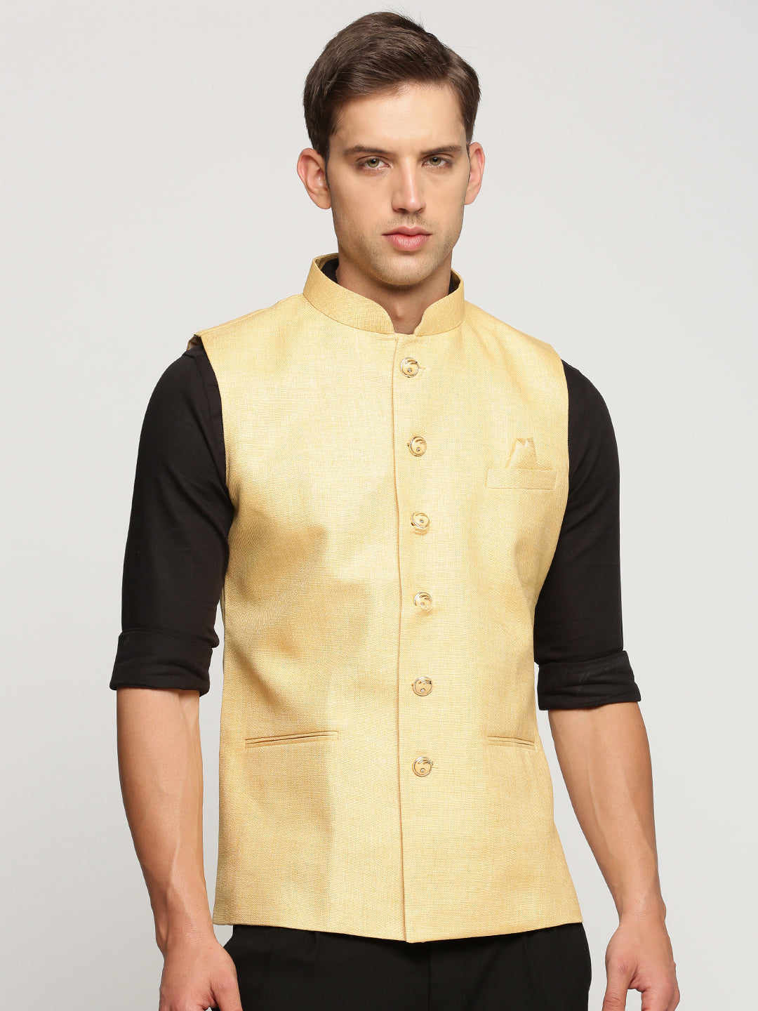 Men Yellow Mandarin Collar Solid Nehru Jacket