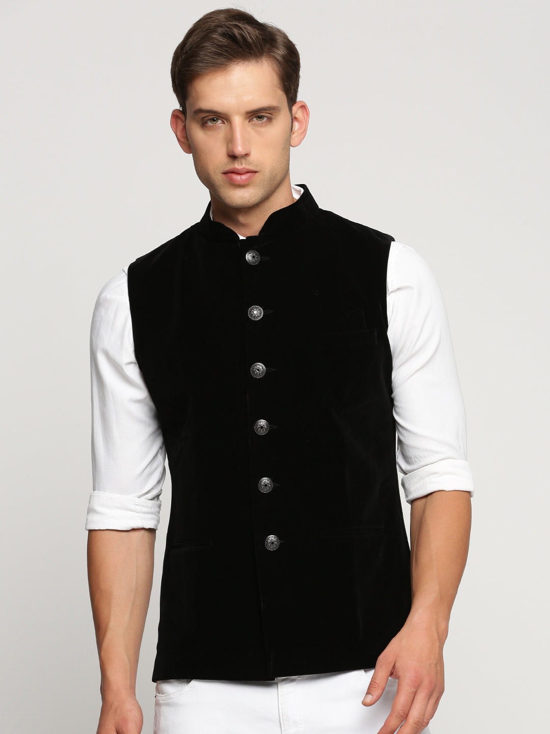Men Black Mandarin Collar Solid Nehru Jacket