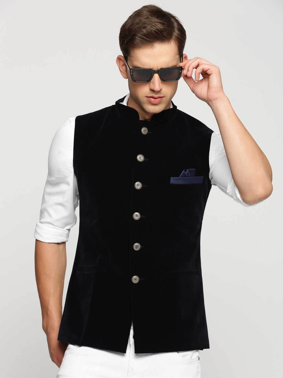 Men Navy Blue Mandarin Collar Solid Nehru Jacket